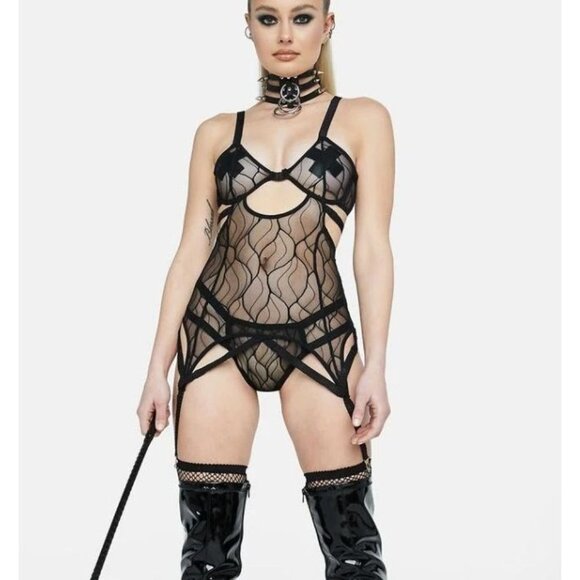 Forplay ✦ See Me Now Bustier Set ✦ Wave Mesh Lace Garters Satin Trim Thong S NWT - Picture 4 of 6